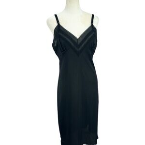 VINTAGE 1960s Satin & Sheer V-Neck Spaghetti Strap Slip Nightgown 34 Black VGC!